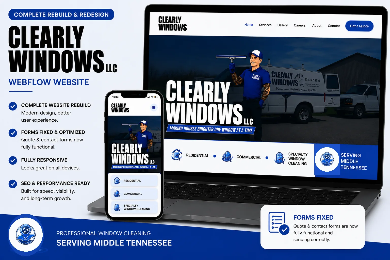 Clearly Windows LLC complete Webflow website rebuild and redesign shown on desktop and mobile