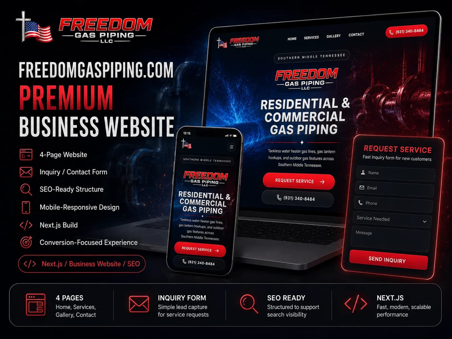 Freedom Gas Piping custom service business website displayed across desktop and mobile devices